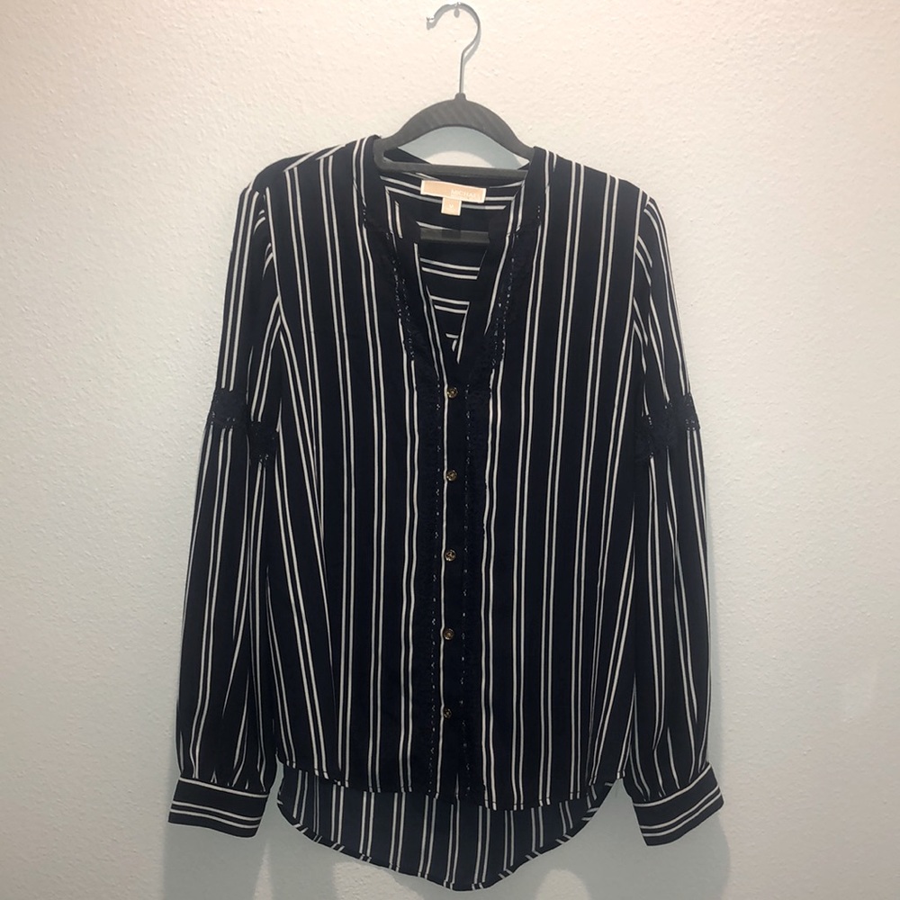 Navy Blue Striped MK Blouse Size M